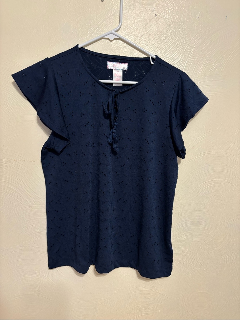 ✨ Stella Parker Navy Eyelet Blouse Tassel Tie Short Sleeve Top Medium